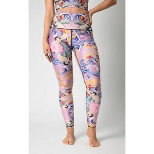 Yoga Democracy Crane Lotus Wave Print Leggings Women's L Recycled Fabric USA